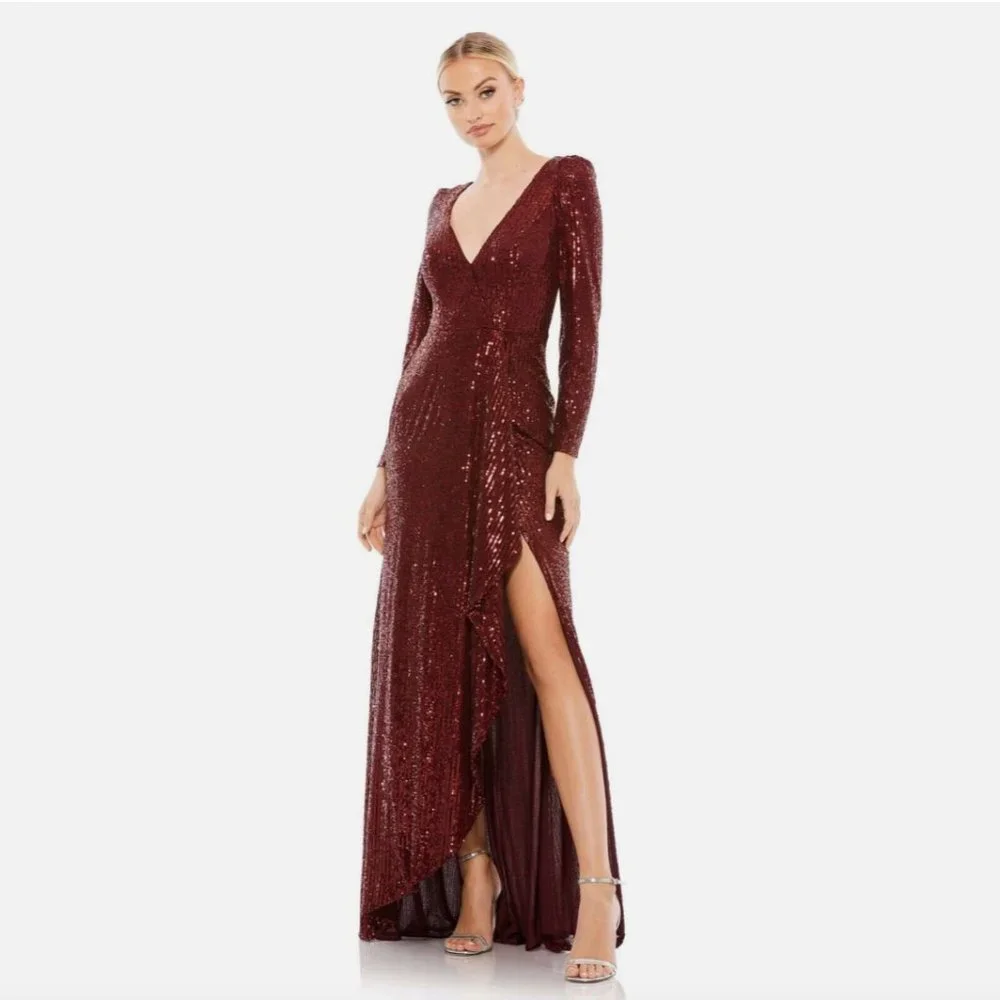 NEW $398 IEENA Mac‎ Duggal [ 16 ] Sequin Wrap Evening Gown in Wine Red #Q480